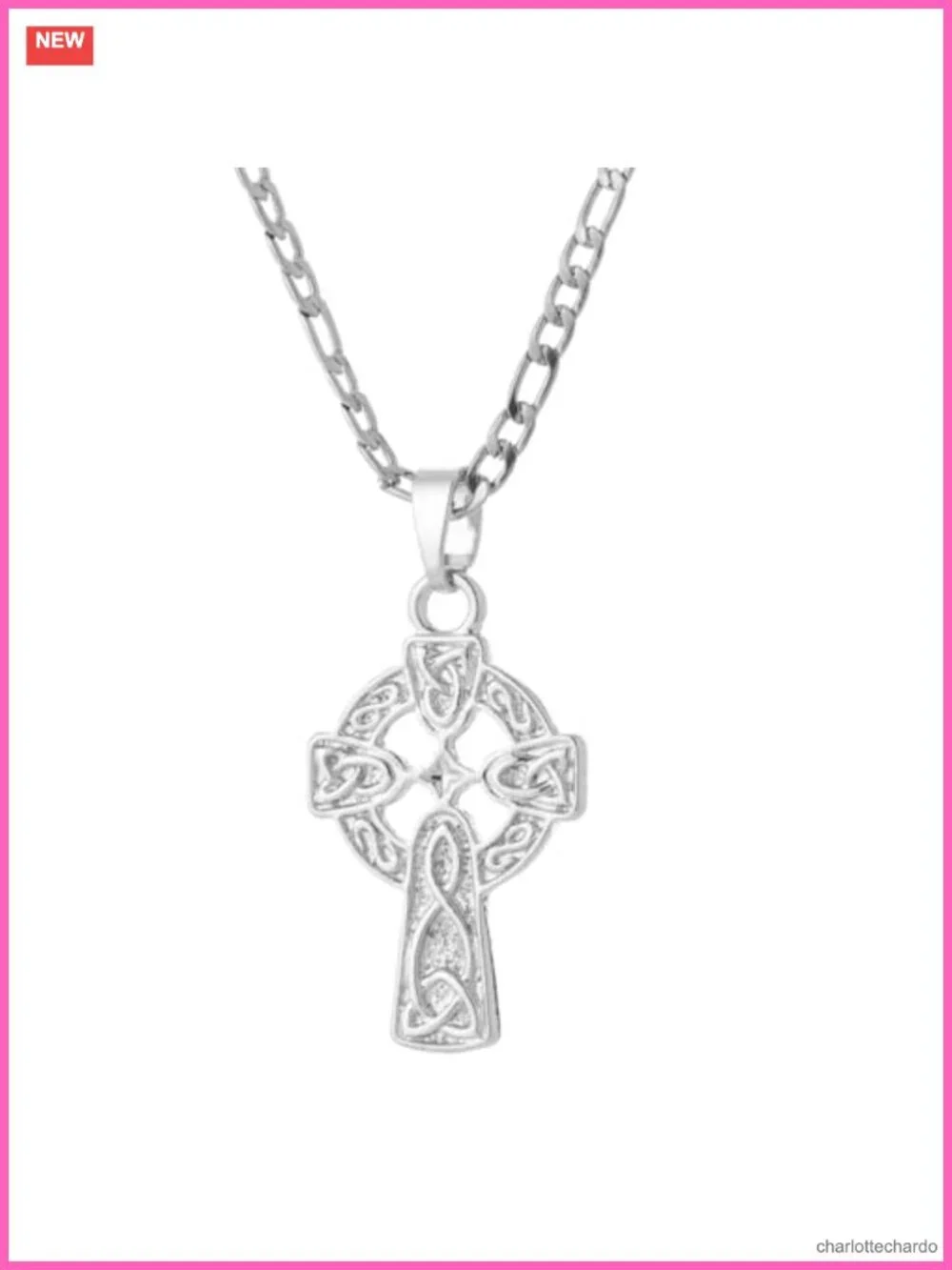 14K White Gold Plated Celtic Cross Pendant Necklace Figaro Chain